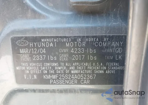 2004 Hyundai Sonata from USA, damaged, VIN KMHWF25S24A052367